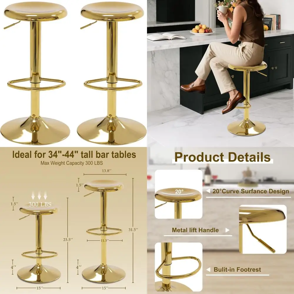 2er-Set höhenverstellbare drehbare Barhocker, modernes Metalldesign, rückenfrei für Kücheninsel oder Pub, Gold