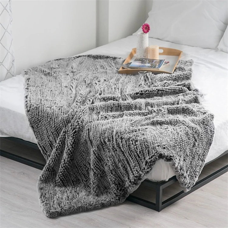 Luksusowe koce 52X72 cali Rex Rabbit Blankets Knitted Rex Rabbit Fur Throw Bedcover Faux Fur Throw White