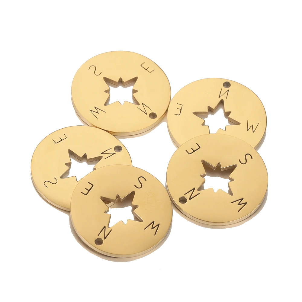 5pcs Stainless Steel Gold Plated Compass Pendant Round for DIY Necklace Bracelet Material Charms for Jewelry Making Wholesale