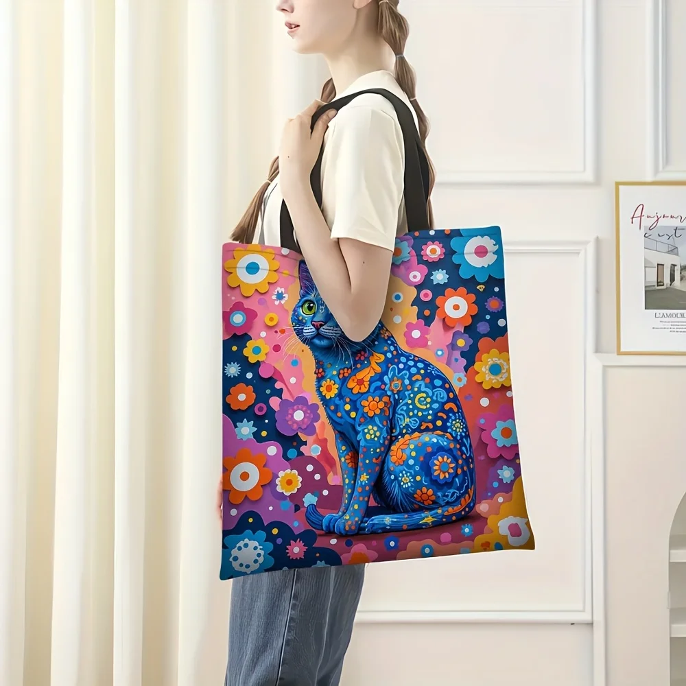 1pc Handbag Retro Long Tailed Kitten Tote Bag Vibrant Floral Print Reusable Grocery Bag Durable Polyester Foldable Shoulder Bag