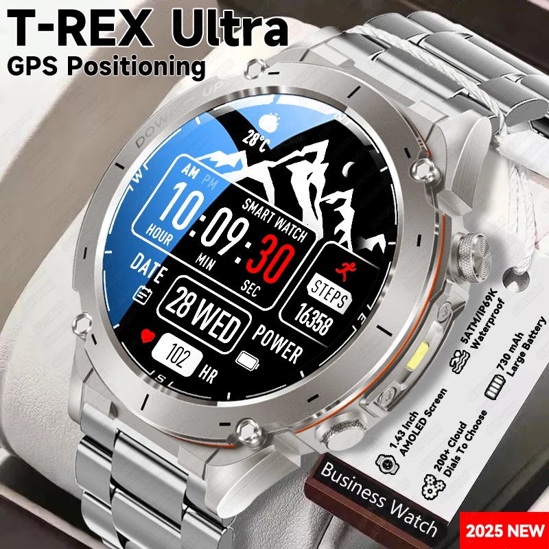 

2025Новые уличные умные часы T-Rex 3 Ultra GPS для мужчин, 5 атм, водонепроницаемый компас, фонарик, военные спортивные трекеры, умные часы для женщин