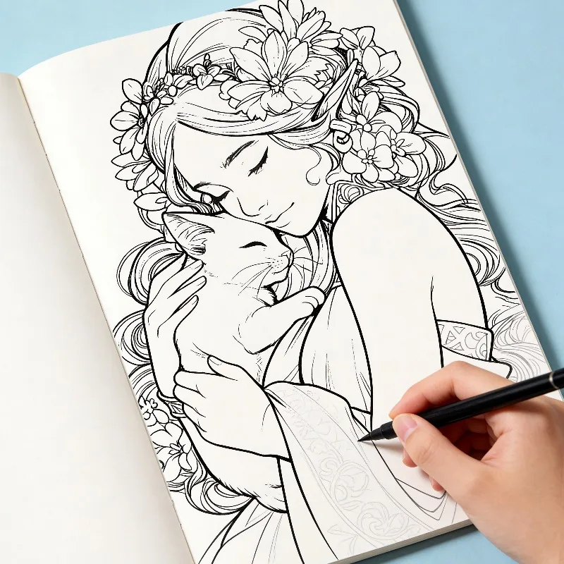 A Coloring Book To Relieve Anxiety and Calm, With 24 Patterns, Such As Cat/Mecha/Succulent Plant Fine Line Draft Coloring Book