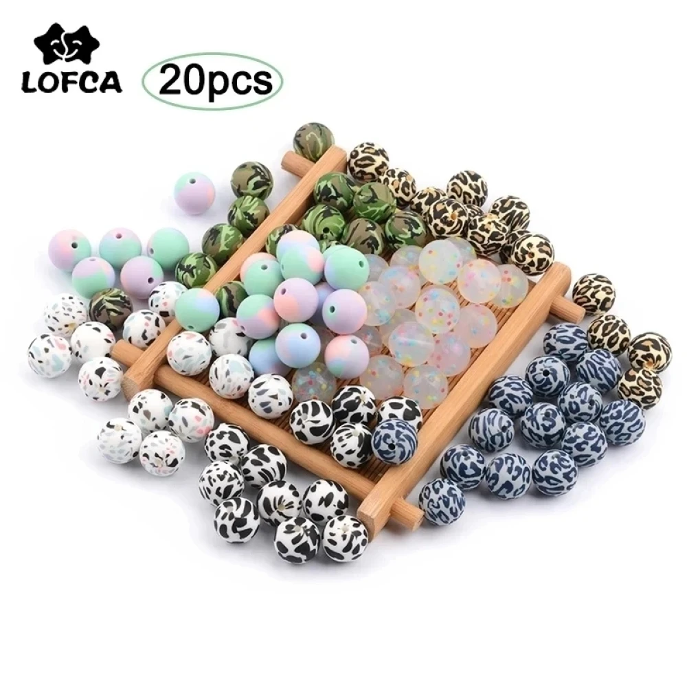 LOFCA Silicone Beads 20pcs Leopard Print 12/15/19mm Teething Beads DIY Babies Accessories Newborn Pacifier Chain Baby Shower Gif