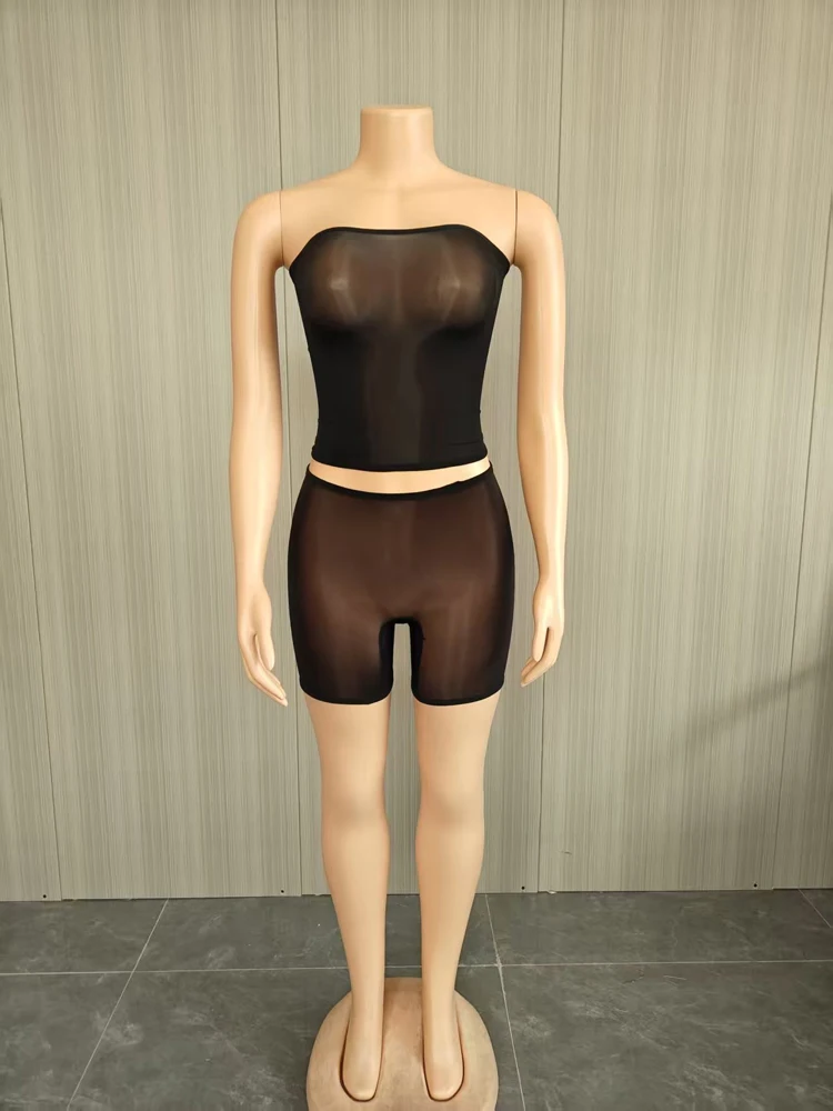 2026 Damen Boutique Trendige Mode 2-teilige Sets Heiße Sexy Trägerlose Mesh Crop Tops Mini Shorts Set Mitternachts-Party Club Outfits – Detail 6