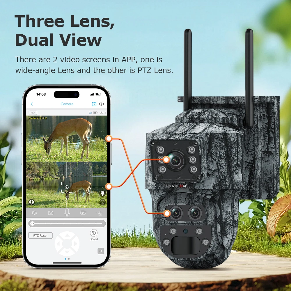 LS VISION 12MP 4G Solar Trail Camera Dual Screens Outdoor 6K WiFi PTZ 15X Zoom PIR Detection Auto Tracking Security Cameras Ubox