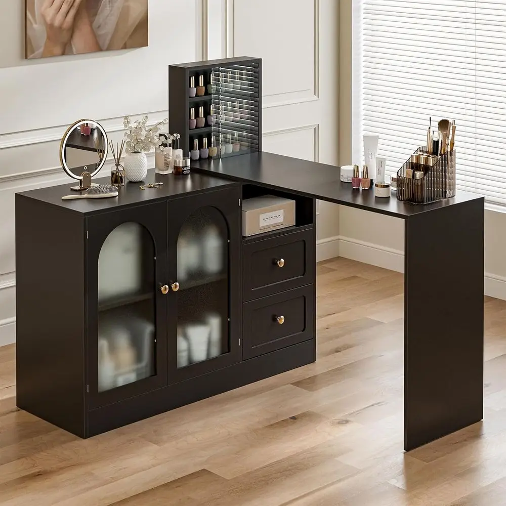 مكتب فني أظافر حديث على شكل حرف L مع مساحة تخزين، محطة عمل لصالونات التجميل باللون الأسود