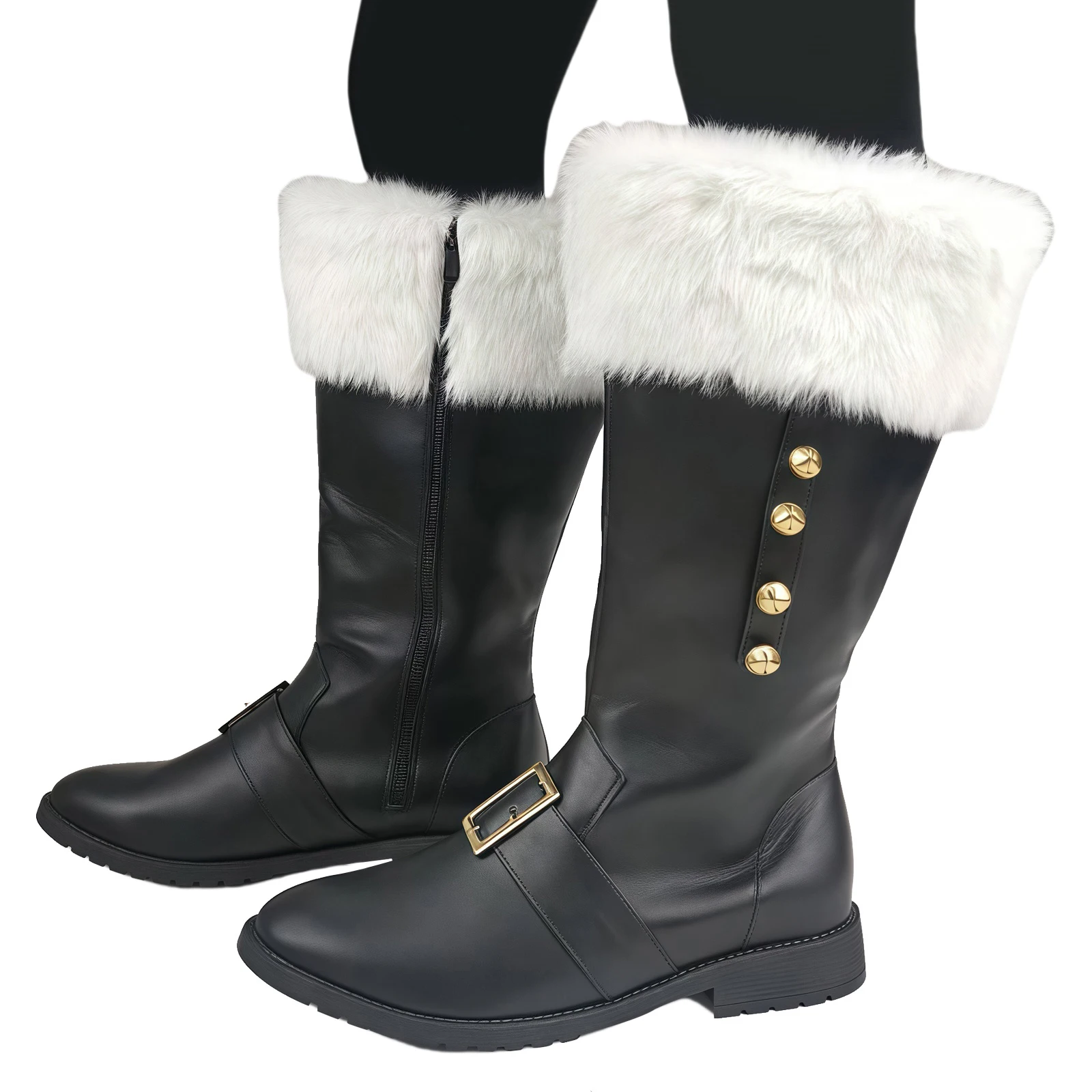Bottes de saut de père Noël à mollet large pour hommes, poignets en peluche blanche, cloches de pied, sangle pour Noël