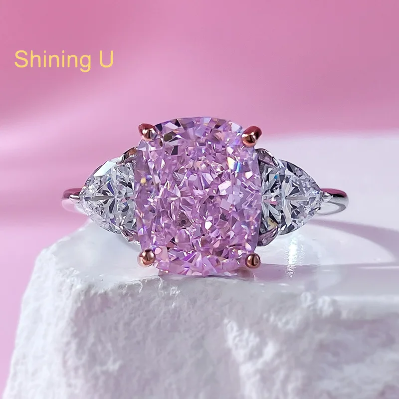 Shining U S925 Silver 8*10mm Pink High Carbon Diamond Gems Ring for Women Fine Jewelry Party