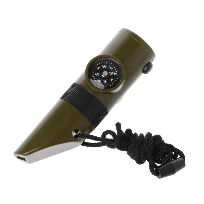 New 7 in 1 Field Survival Whistle Compass Thermometer Flashlight Magnifier Outdoor Multifunction Tools