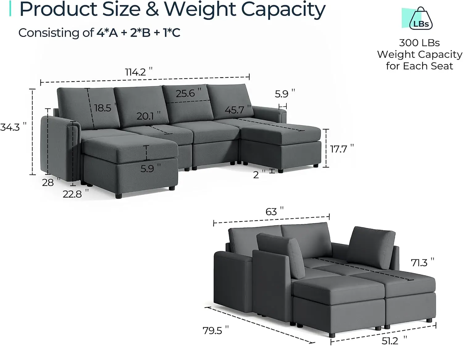 Modular Sectional Sofa, Convertible U Shaped Sofa Couch with Storage, Memory Foam, Modular Sectionals with Ottomans,