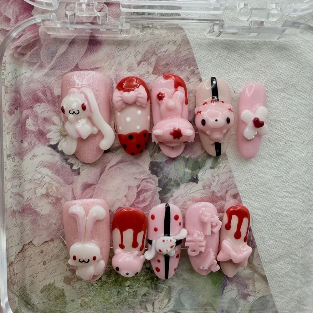 Cartoon Niedlicher Rosa Hase Dessert Liebesbär Ellipsen-Nagelkunst 3D Stern Schmetterling Knoten Flügel Punkt-Muster Künstliche Nägel Geburtstagsgeschenk – Detail 13