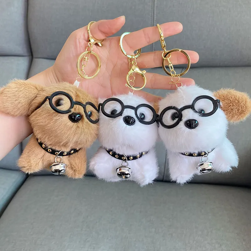 

Cute Glasses Dog Keychains Plush Toy Ornaments Cartoon Bell Puppy Doll Keychain Bag Pendant Doll Toys For Girls Christmas Gifts