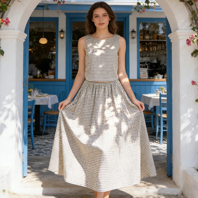 

Стильные летние повседневные костюмы из хлопка и льна для женщин: топ без рукавов в клетку и юбка с высокой талией на резинке, свободный крой, уличный стиль