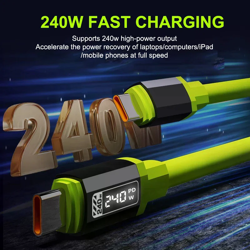 

Кабель USB C мощностью 240 Вт с дисплеем питания, зарядное устройство для быстрой зарядки телефона 15 16 17 Samsung Xiaomi Huawei, шнур типа C, 1-2 м
