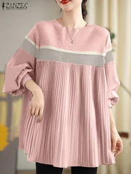 ZANZEA Casual O-Neck Loose Blouses Korean Fashion Long Sleeve Blusas 2024 Women Ruffled Edge Tunics Elegant Color Patchwork Tops