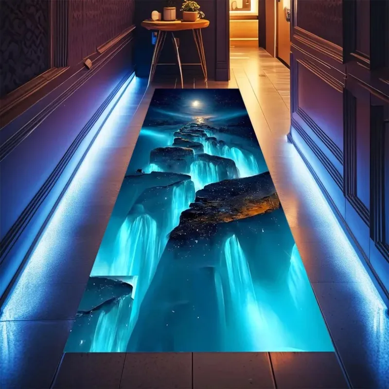 3D Luminescent Waterfall Carpet Glowing Cascade Rock Cliff Print Runner Rug Ethereal Blue Flow Floor Mat Fashion and Beauty