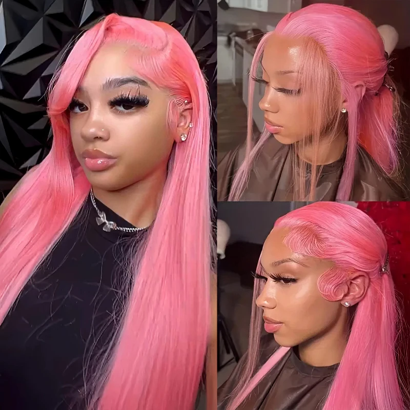 

40 Inch Straight Pink Lace Front Human Hair Wig 13x6 Hd Lace Frontal Wig Pre Plucked Hairline Bleached Bone Straight Colored Wig