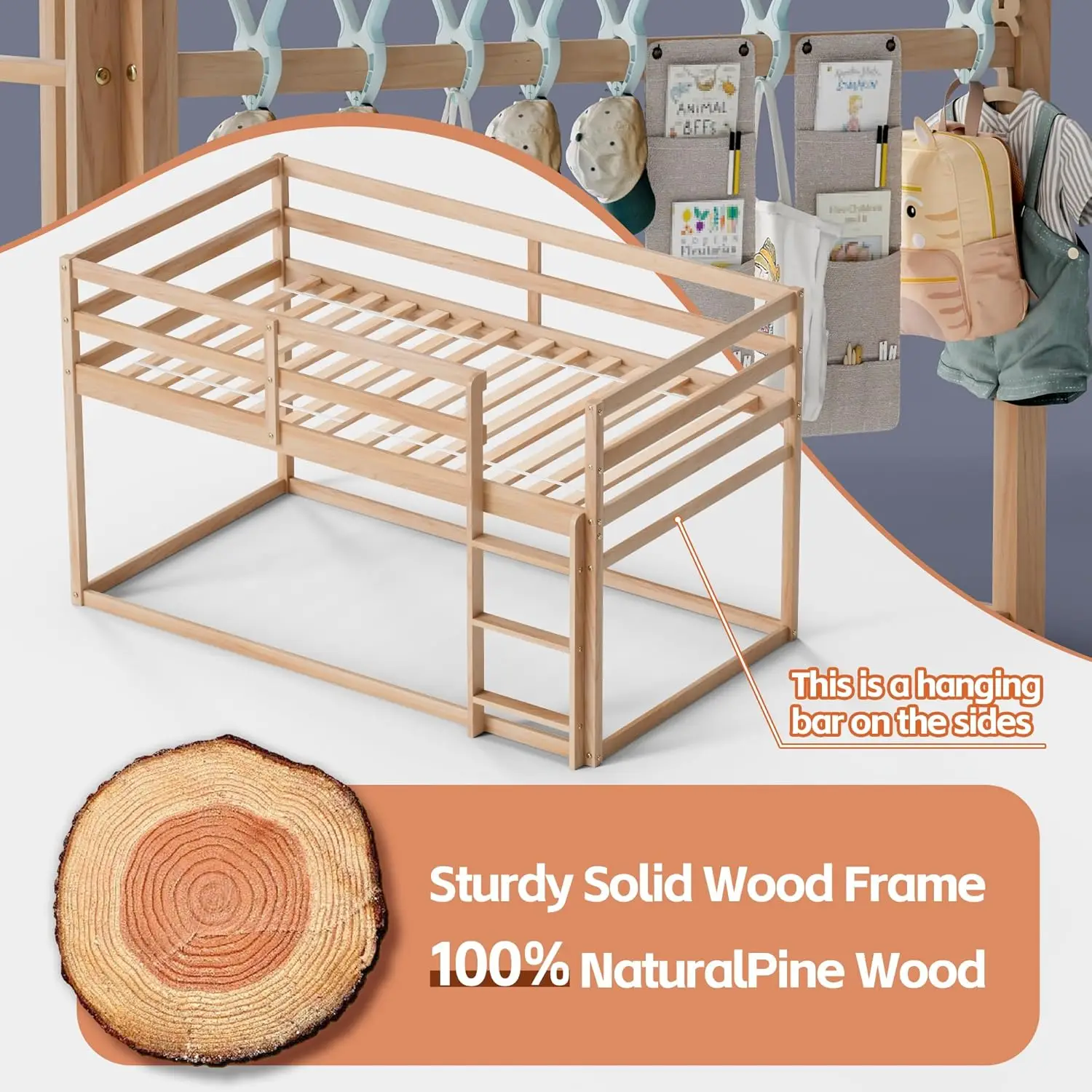 Lit superposé double avec échelle, lit superposé au sol en bois pour enfants (naturel)