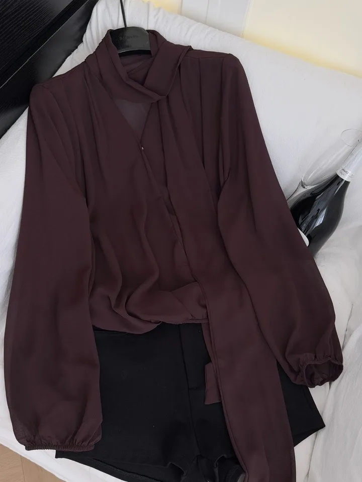 Luźna, codzienna bluzka damska z szyfonu, z wiązaniem w talii, wyszczuplająca, z włókna poliestrowego, z bufiastymi rękawami.