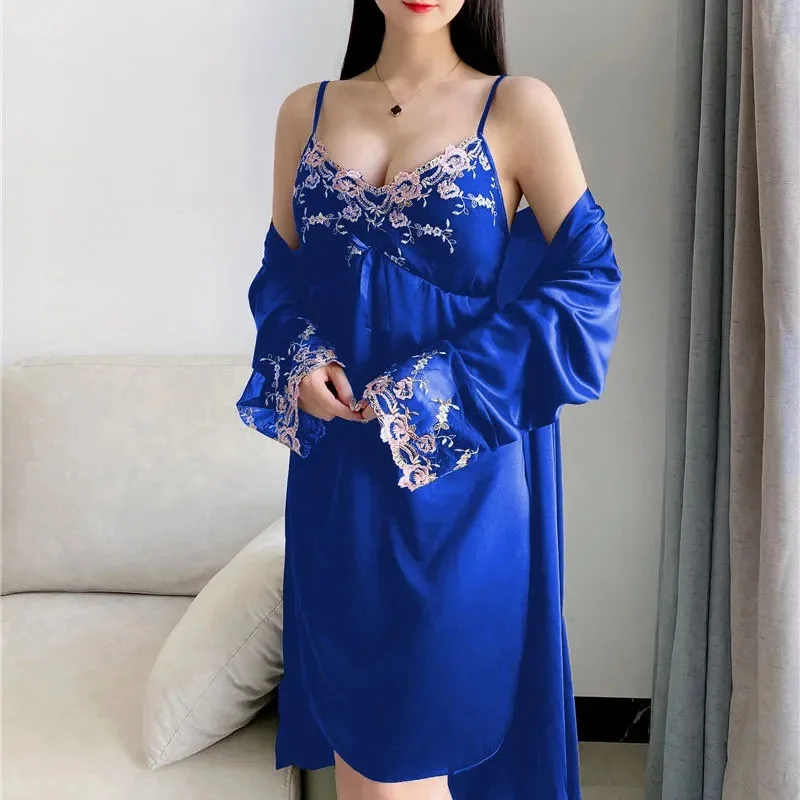 Senhoras camisola de seda gelo vestido de dormir feminino cetim renda aparada conjunto de pijama sexy aconchegante conjunto de pijama de duas peças casa wear