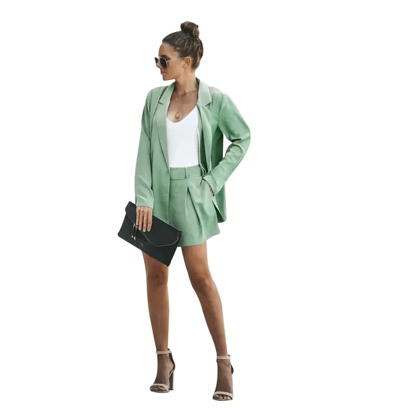 Monochrome Turn Down Collar Small Suit for Women, Long-sleeved, Casual Shorts, Simplicity Fashion, Spring and Summer Sets