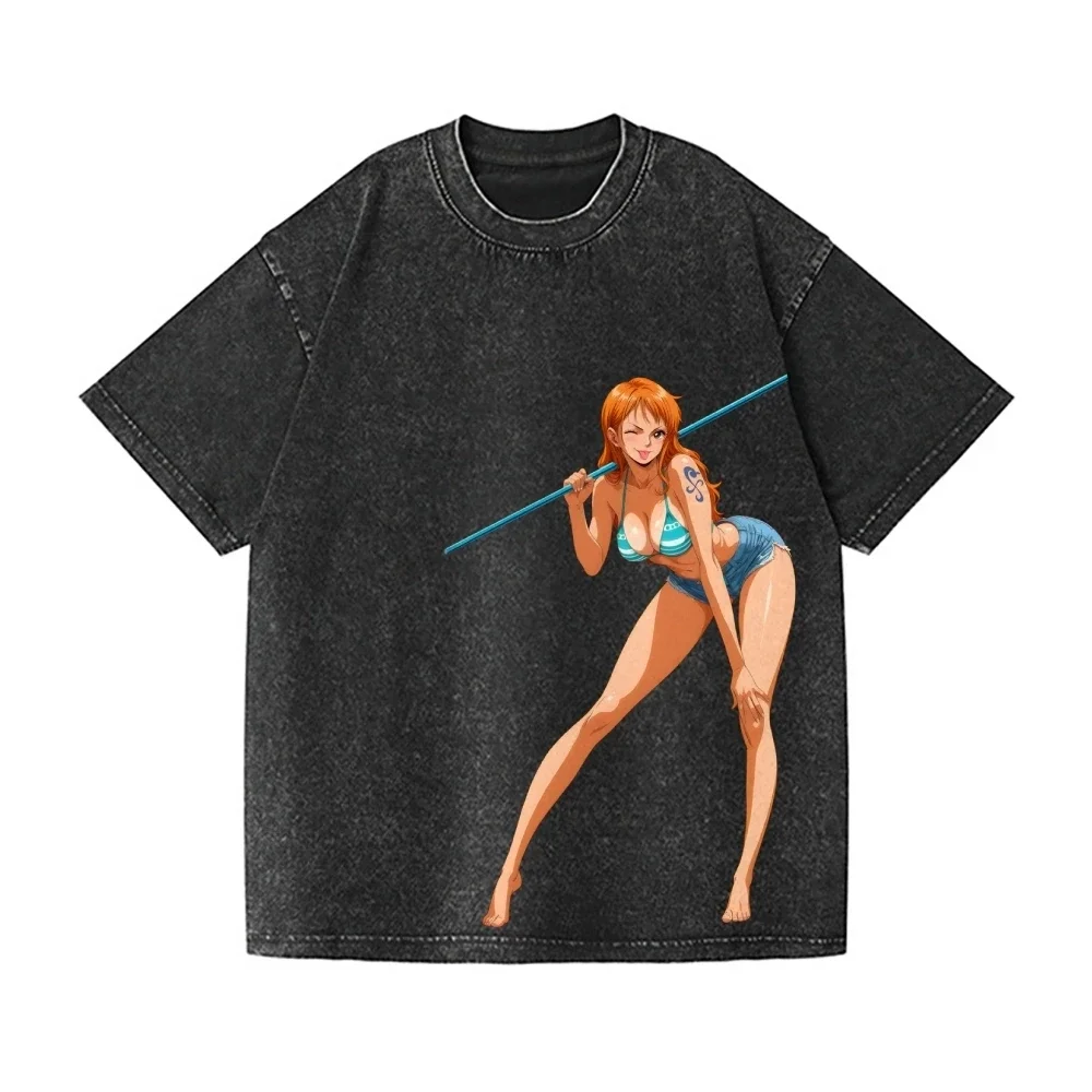 One Piece Nami Vintage Wash Japanese Design T-Shirt High-quality Streetwear Men's Clothing Women 2026 Summer New T Shirt