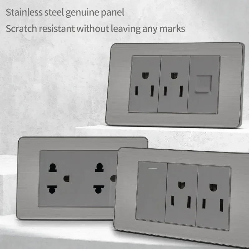 

118 Premium Stainless Steel US Switch, Thai Plug for Home & Office Use Brushed Wall Socket with USB Type - C,