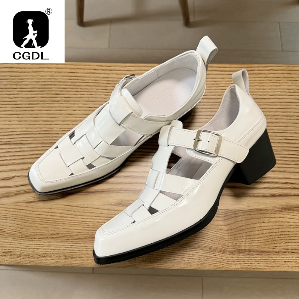 2025 Estate Nuovo Bianco 6CM Sandali gladiatore col tacco alto Punta quadrata da uomo Hollow Roman Shoe Vera pelle Aumenta l'altezza Tendenza