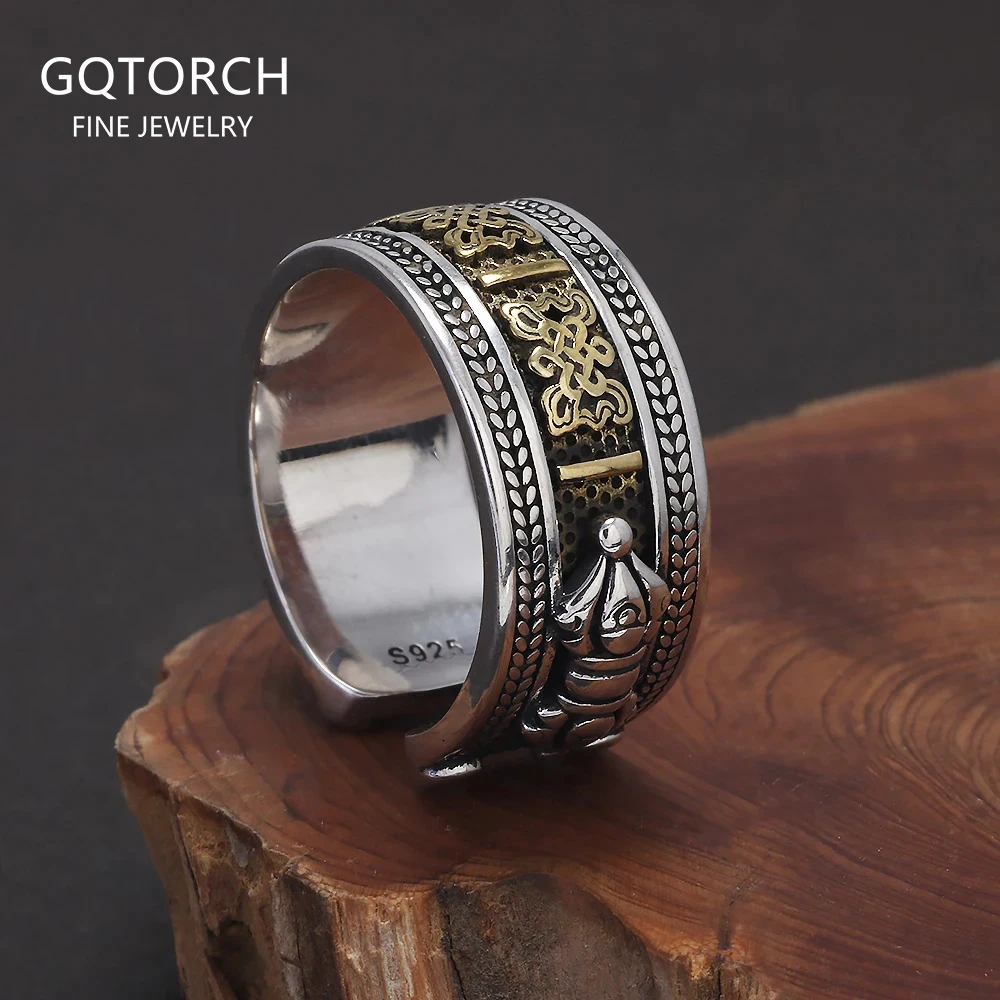 

Кольцо из стерлингового серебра 925 пробы с шестью словами, мантра Ваджра для мужчин и женщин, благоприятный узел, винтажные ретро-буддийские ювелирные изделия с духовной защитой