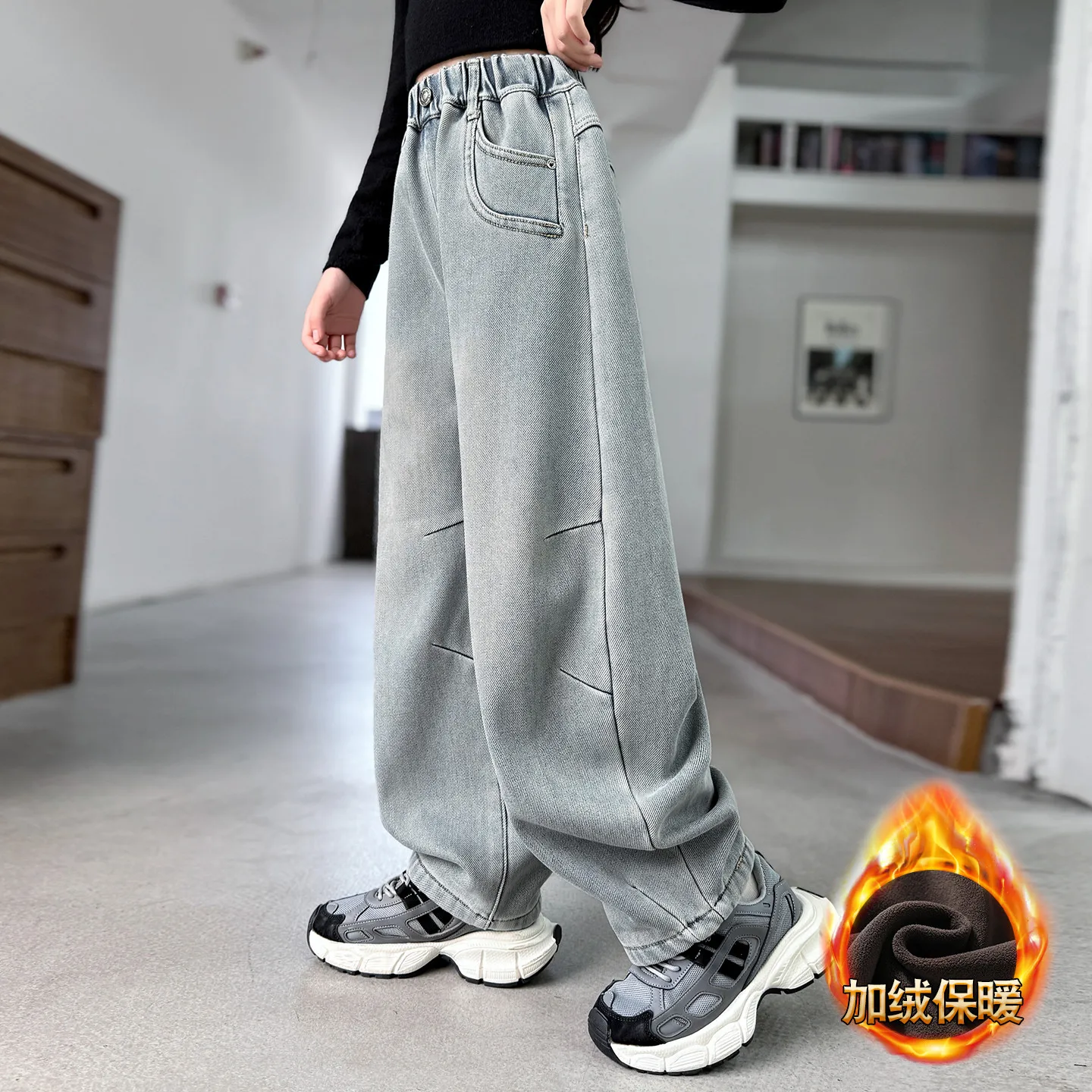 Celana Jeans Fleece Anak Perempuan Musim Gugur Musim Dingin Kasual Retro Banana Denim Celana Panjang Fashion Anak Pinggang Elastis Berinsulasi Melengkung Usia 4-14 tahun