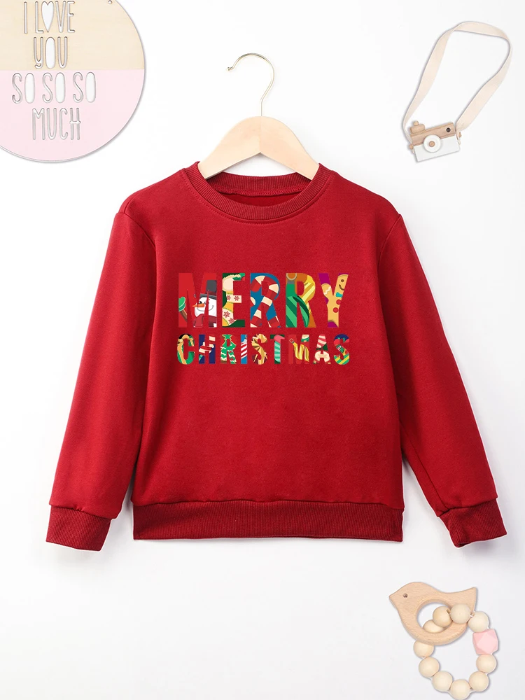 Merry Christmas Aesthetic Clothes for Kids Boy Red Fashion Harajuku Toddler Girl Sweatshirt Xmas Gift Home Cozy Tops 2-14 Years