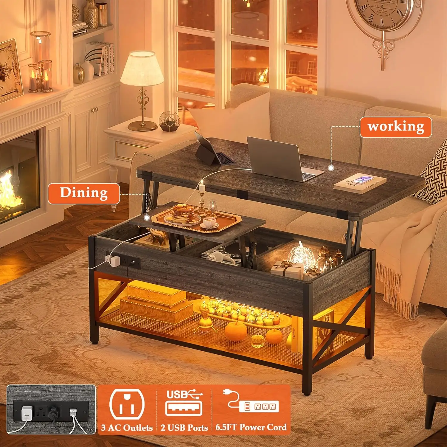 Mesa de centro elevable multifuncional de roble negro de 36": se convierte en mesa de comedor con luz LED, toma de corriente y estantes