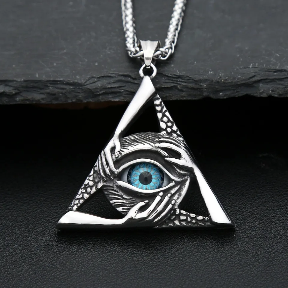 

Gothic Vintage Evil Eye Pendant For Men Stainless Steel Punk Hip Hop Fashion Triangle Necklace Unique Amulet Jewelry Wholesale