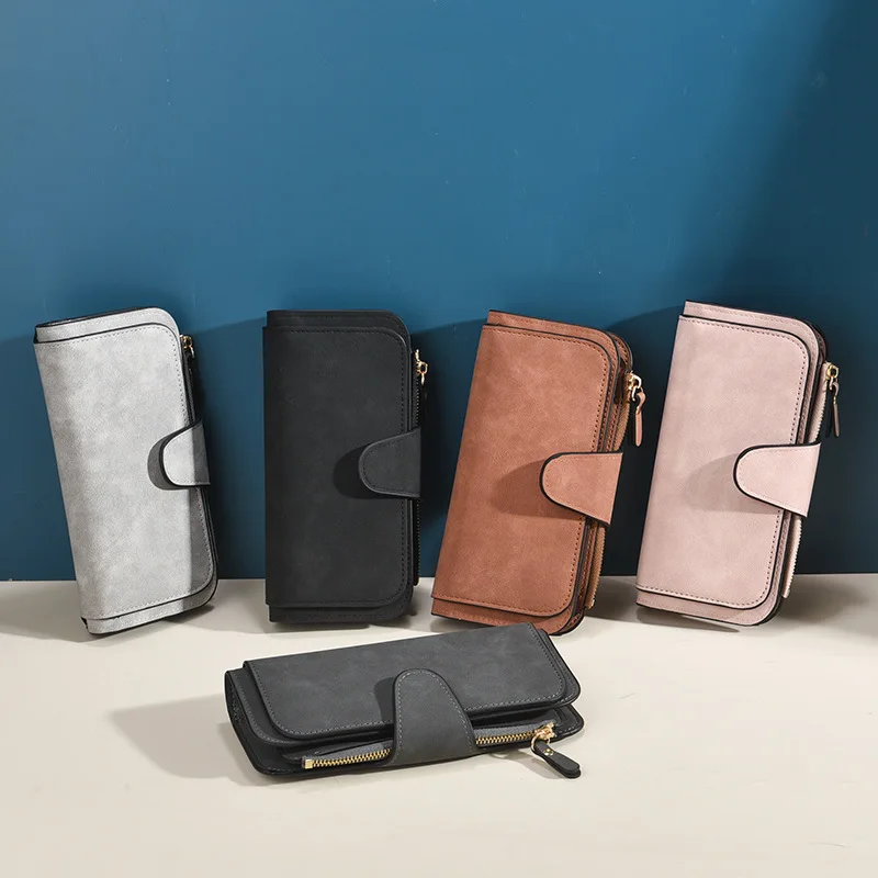 

Korean Tri-fold Women's Wallet Large Capacity PU Leather Snap & Zipper 5 Card Slots Pocket Organizer (Suede Finish Long Purse)