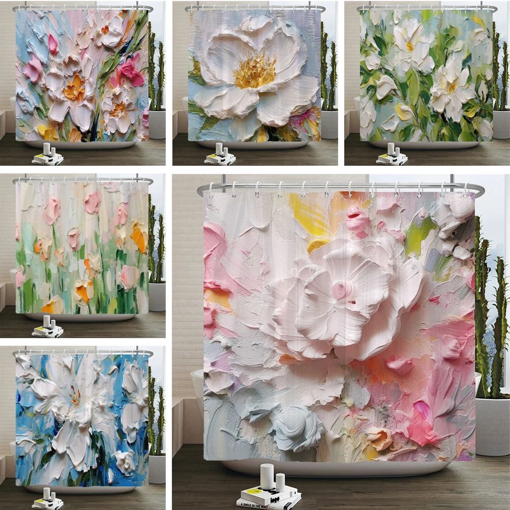 Art Painting Flowers Bathroom Curtain Fabric Cloth Flower Waterproof Shower Curtain Bathtub Curtains With Hooks Home Decor