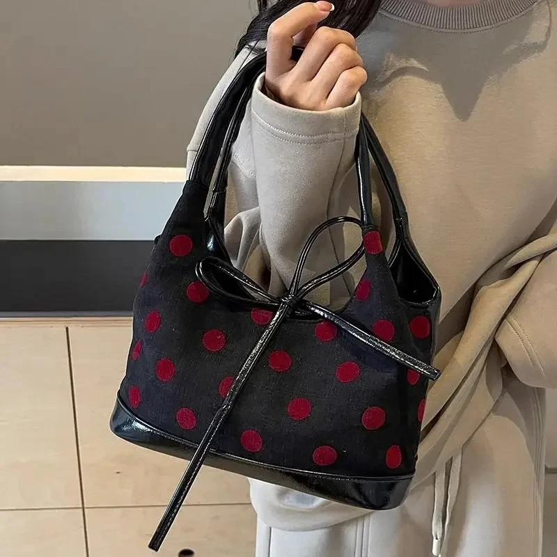 Commuter Large Capacity Boston Bag Women New Popular Canvas Polka Dot Shoulder Underarm Bag Fashion Satchels Casual Tote Package