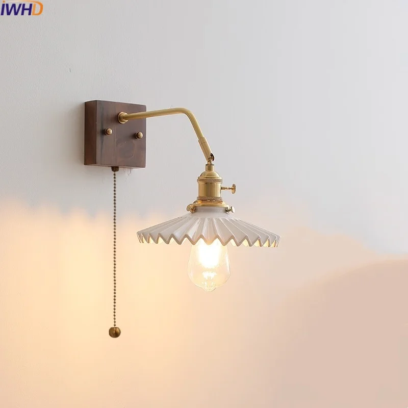 

IWHD Nordic Modern LED Wall Lamp Sconce Bedroom Living Room Corridor Pull Chain Switch Bathroom Mirror Light Fixtures Ceramic