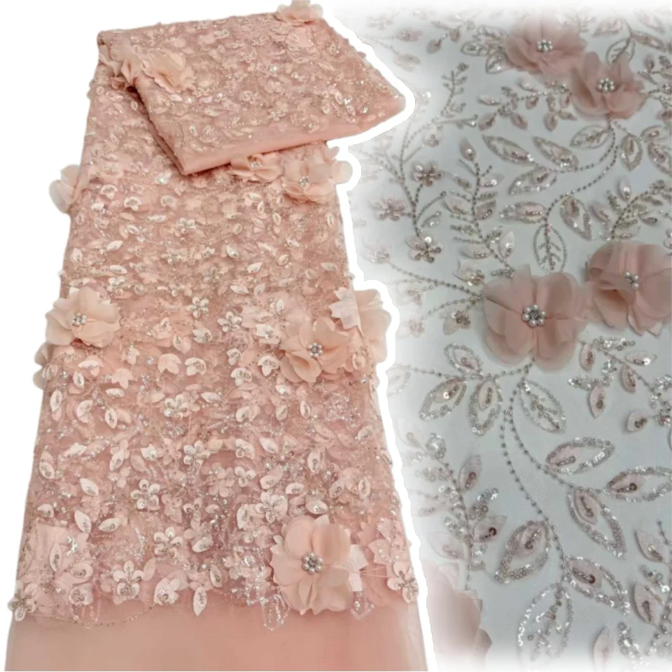 

2026 Высококачественный нигерийский тюль, 3D кружевная ткань с вышивкой и блестками, вечерние гипюровые шифоновые 5 ярдов для свадебного шитья платья 2046