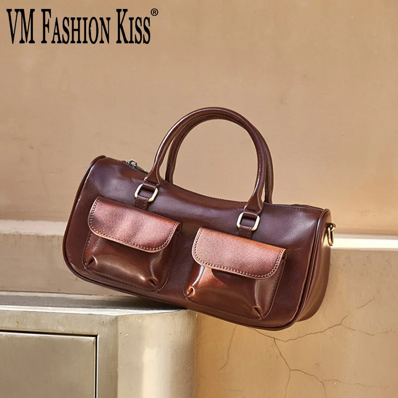 

VM FASHION KISS Women's Pillow Bag Genuine Leather Material Solid Color Tote Bag Retro Motorcycle Style Shoulder Crossbody Bags