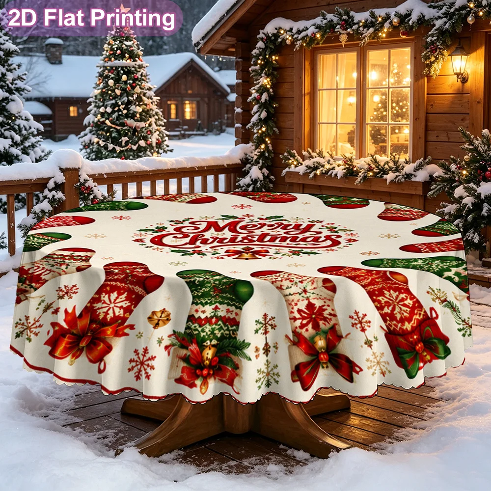 2D flat single-piece holiday round tablecloth, Christmas gift socks pattern design