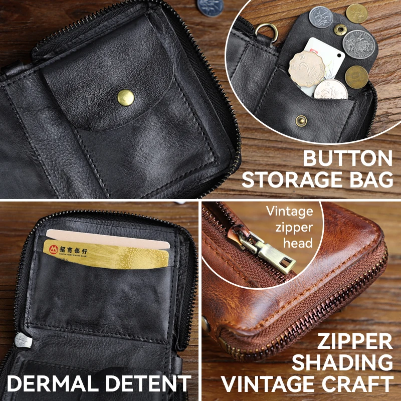 Retro Genuine Leather Short For Women Men Handmade Card Slot With Coin Pocket Small Bifold Zipper Wallet Money Purse Female Male