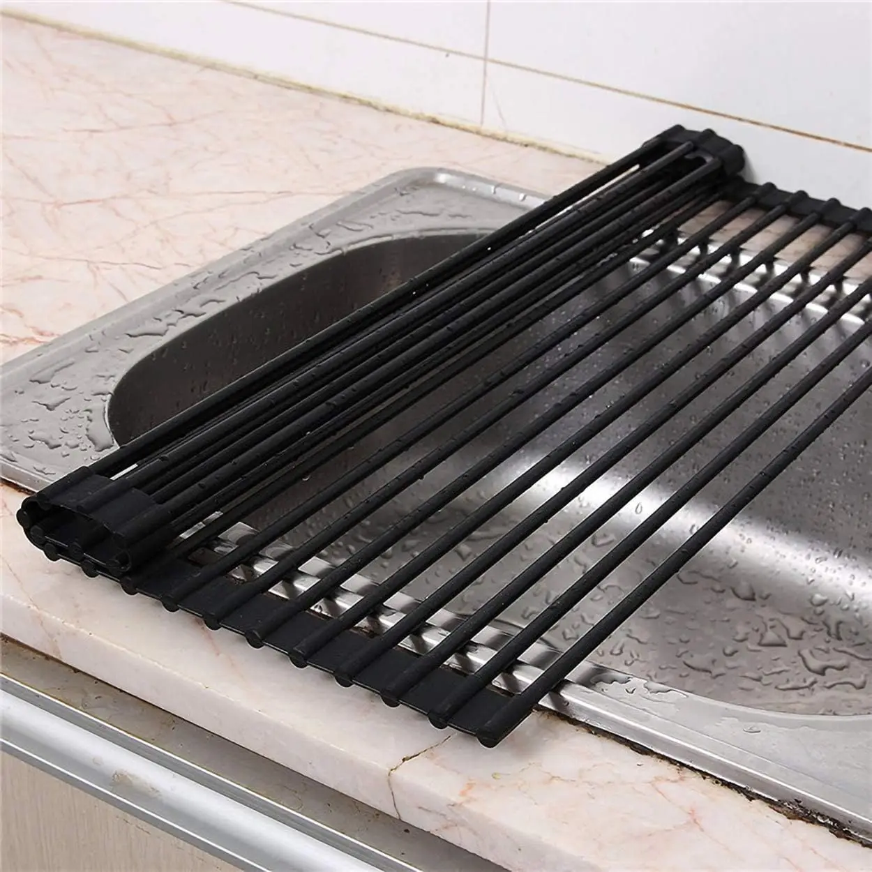 Large roll dish drying rack foldable dish rack sink drainer roll sink drying rack full silicone coated stainless steel dish