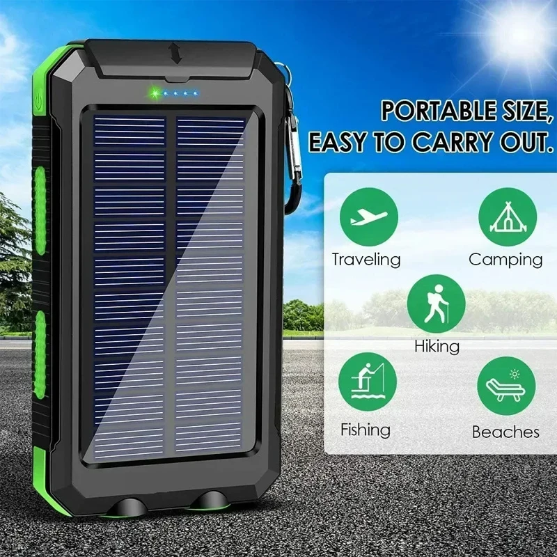 Solar Power Bank Waterproof Large Capacity Powerbank Fast Charging External Battery with SOS for IPhone Samsung Xiaomi