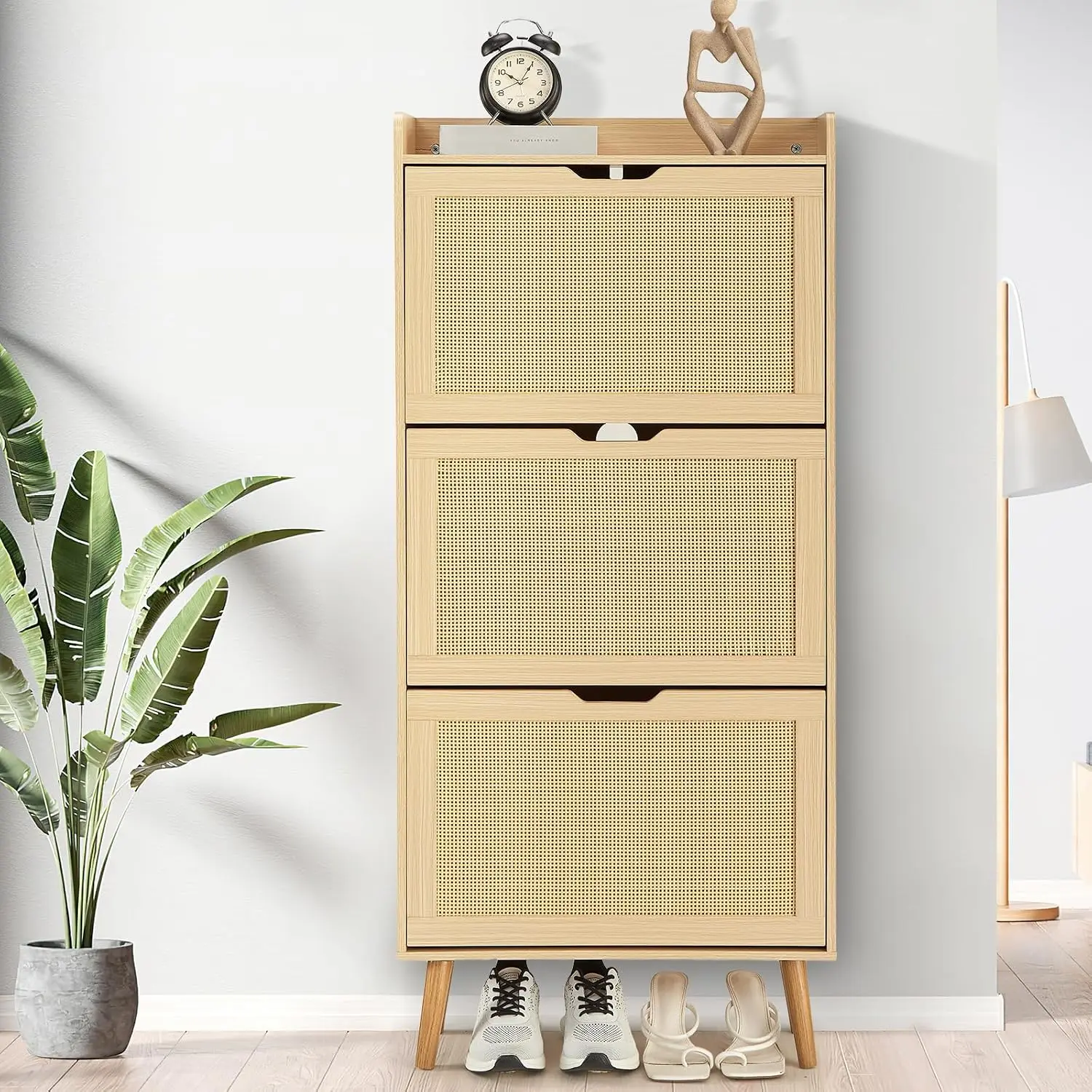 Rattan Shoe Cabinet With 3 Flip Drawers & Anti-Tip Design For Entryway Foyer Hallway, 18-20 Pairs Storage, Customized