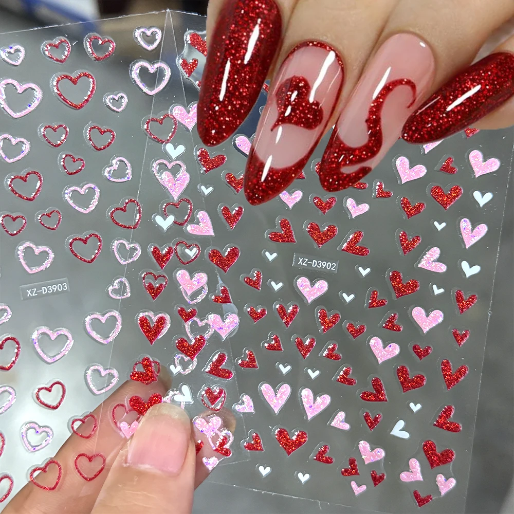 3D グリッター レッド/ピンク ハート バレンタインデー ネイルステッカー ゼリー ラブ ボウ 不規則なフレンチライン ネイル スライダー スイート ロマンチック ネイルデコ
