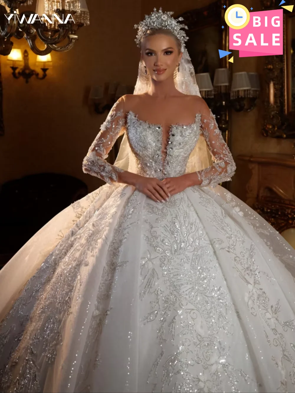 

Classic O-neck Long Sleeve Wedding Dress Sparkly Sequins Bead Bridal Gown Ball Gown Long Bride Robe Customized Vestidos De Novia