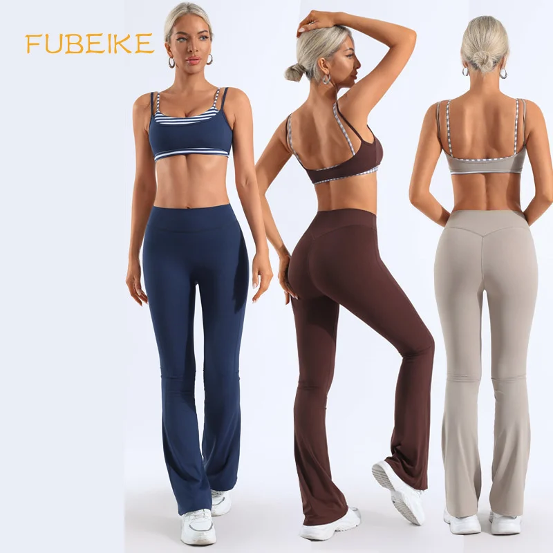 Workout Set Nude Feel Yoga Outfit Set Wrap Bra High Waist Wide Leg Flared Pants Set Breathable 2 Piece Gym Set Female Clothing