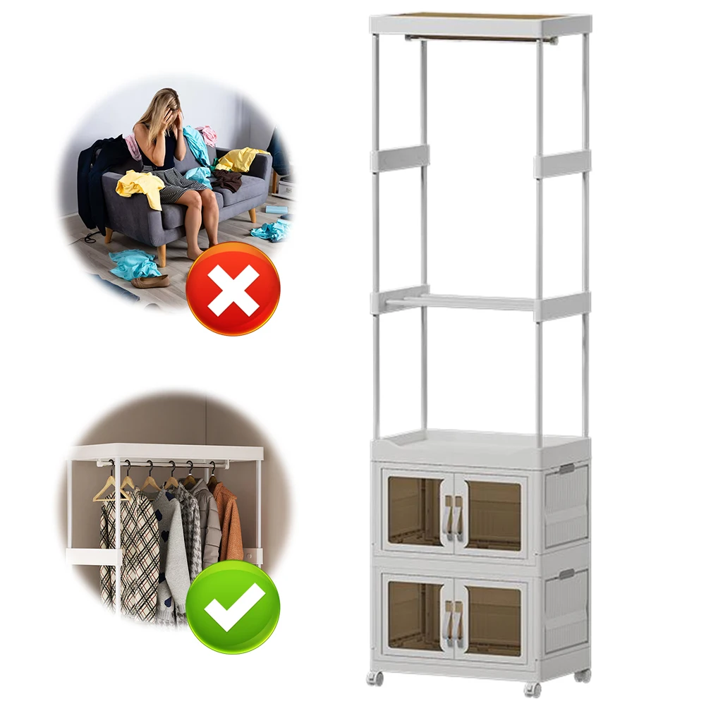 

Мобильный шкаф-гардероб с вешалкой и органайзером для одежды на колесиках, стеллаж для хранения вещей дома