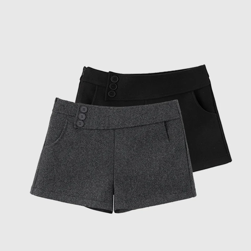 Autumn Winter Thickened High Waist Grey Woolen Short Pants Women's Casual Style Bootcut Pants Button Decorated Straight Leg P...