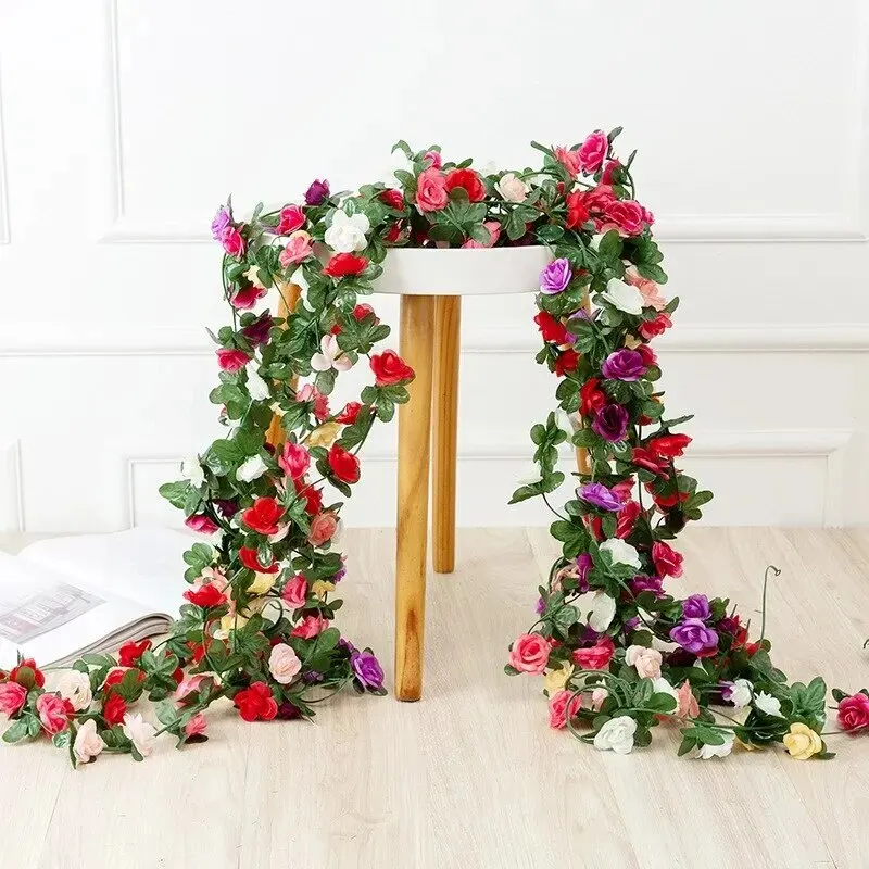 2.5m 1.8m Rose Artificial Flower Vine For Wedding Garland White Pink Home Room Wedding Decoration Silk Artificial Rose Vine Han